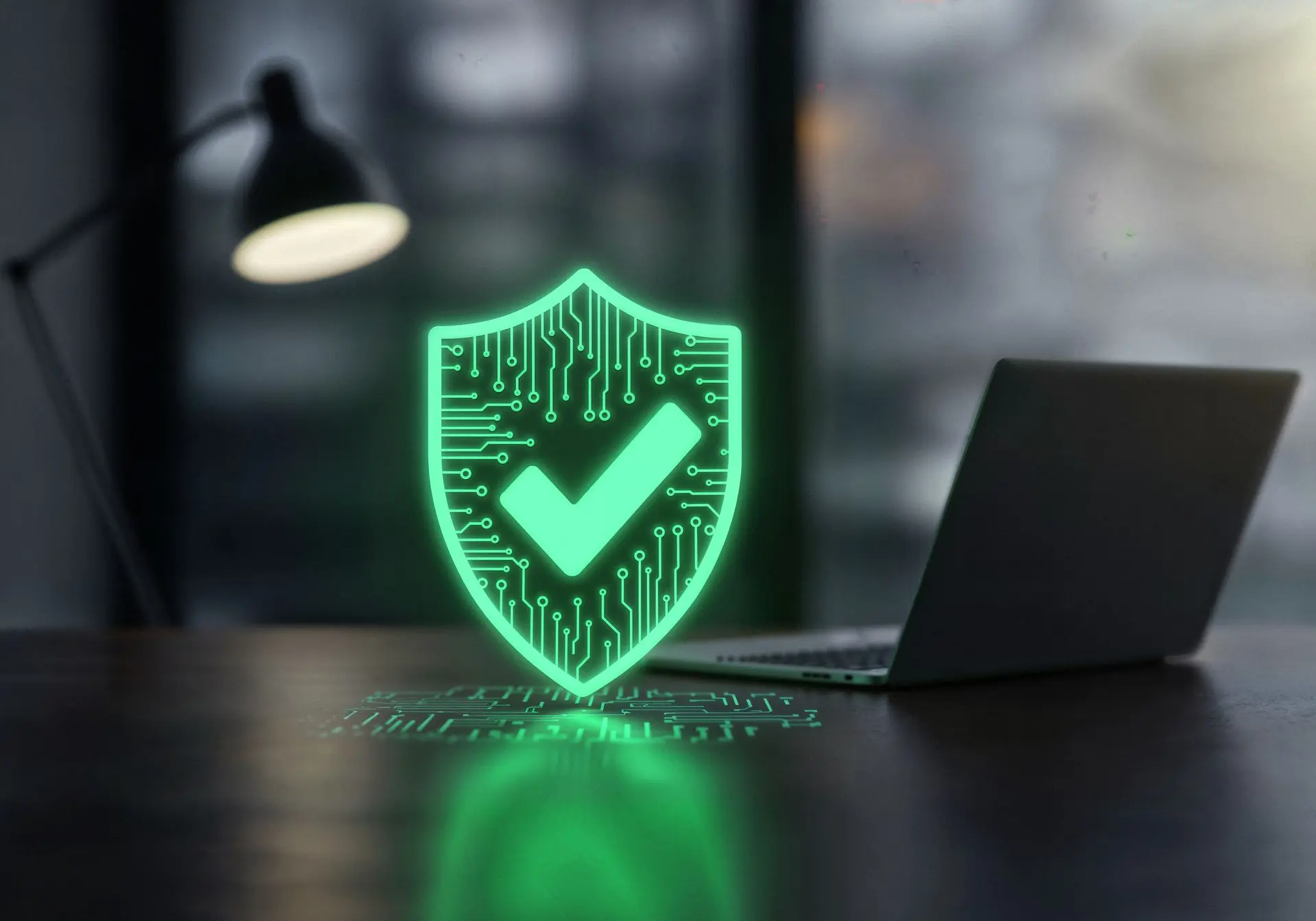 Illustration d’un ordinateur portable protégé par un bouclier numérique vert symbolisant la cybersécurité et la protection réseau en entreprise – pare-feu, VPN et supervision NGXE